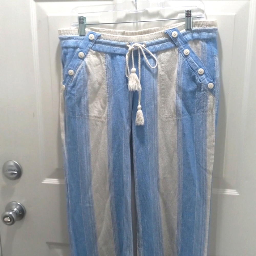 Jolt, Blue & White Striped Pants With Draw String Front Sz 11 Linen, rayon